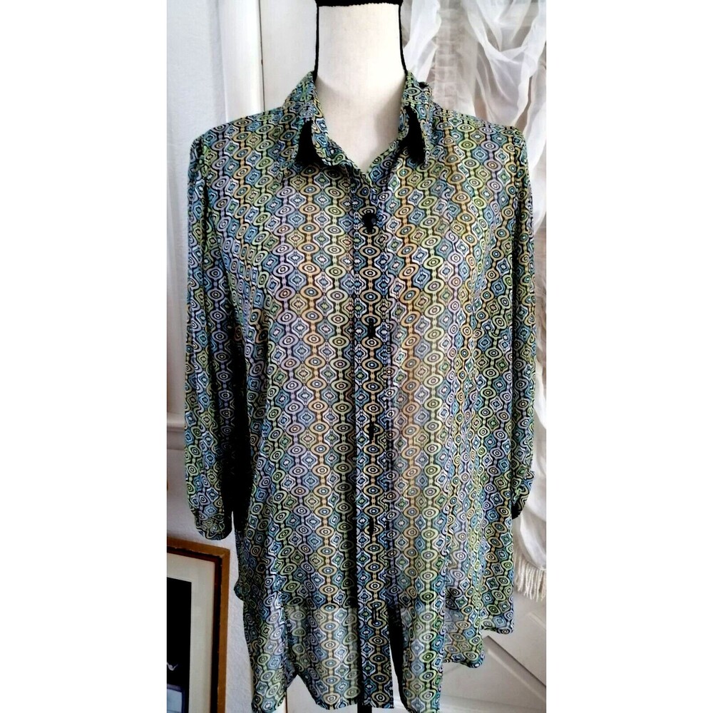 Women's 1X Blouse Green Blue Geometry Long Sleeve Button Up Sheer
